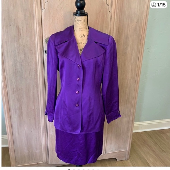 Vintage Purple Power Suit Skirt Set 90s Career Blazer & Pencil Skirt Sz 10/12